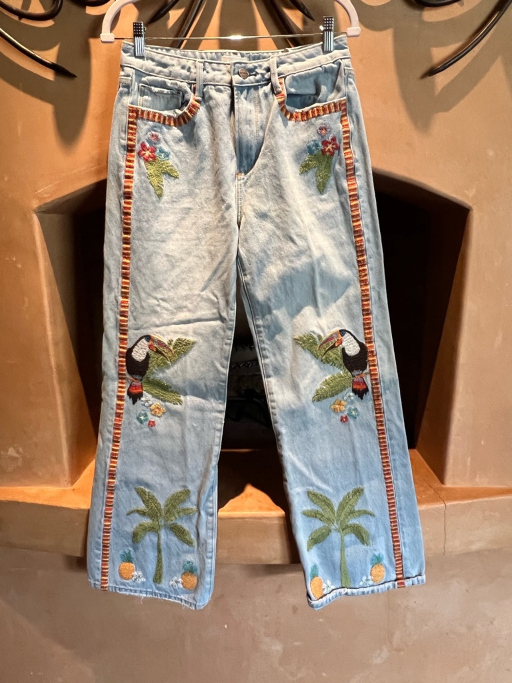 DRIFTWOOD Light Blue Jeans with Tropical embroidery. Used. Size 27/32